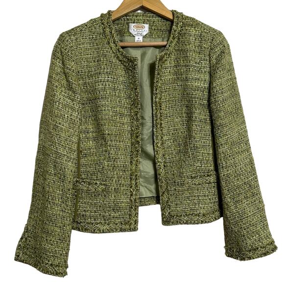 Talbots Tweed Fringe Open Front Blazer Green Size 10 - Picture 1 of 5